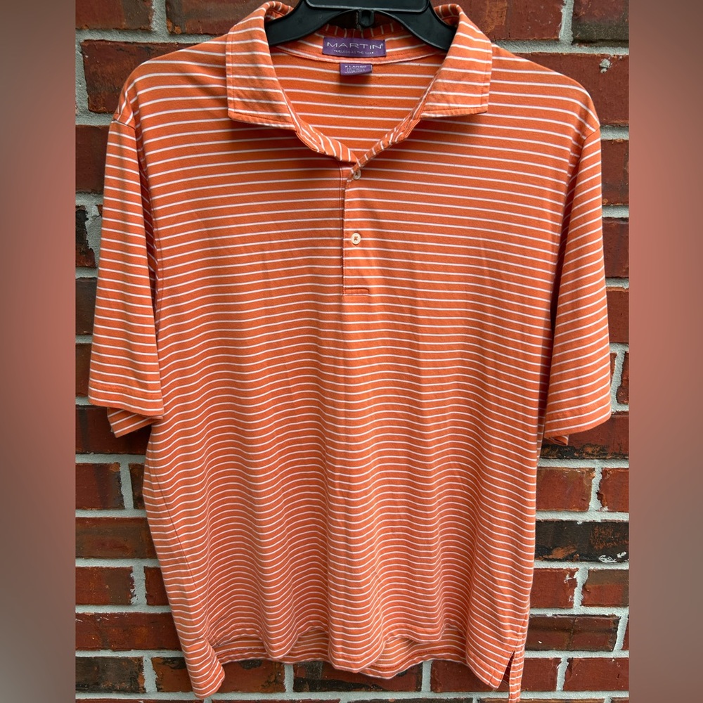 Martin Mens Short Sleeve Golf Polo. Orange & White Striped. Size XL